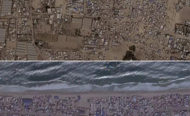 CORRECTS TOWN NAME This satellite photo combination from Planet Labs shows tent camps in Muwasi, a Palestinian town on the southern coast of the Gaza Strip that Israel calls a "humanitarian zone" in July 2024, above, and Aug. 2024 below. (Planet Labs via AP)