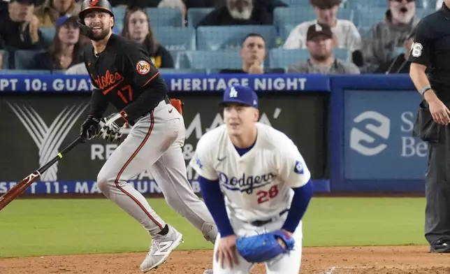 CORRECTS TO COLTON COWSER INSTEAD OF JACKSON HOLLIDAY - Baltimore Orioles' Colton Cowser, left, heads to first for a three-run home run as Los Angeles Dodgers starting pitcher Bobby Miller watches during the fifth inning of a baseball game Thursday, Aug. 29, 2024, in Los Angeles. (AP Photo/Mark J. Terrill)