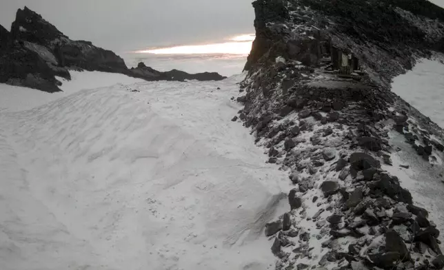 This photo provided by the National Weather Service shows a snow-covered section of Mt. Rainier, Wash., at 10,000 feet on Saturday, August 24, 2024. (National Weather Service via AP)