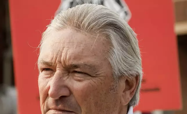 Francois Laporte, National President, Teamsters Canada, speaks to media as picketing rail workers gather at the CPKC headquarters in Calgary, Alta., Friday, Aug. 23, 2024.(Jeff McIntosh /The Canadian Press via AP)