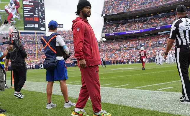 Arizona Cardinals quarterback Kyler Murray pauses on the sideline during the second half of a preseason NFL football game against the Denver Broncos, Sunday, Aug. 25, 2024, in Denver. (AP Photo/David Zalubowski)