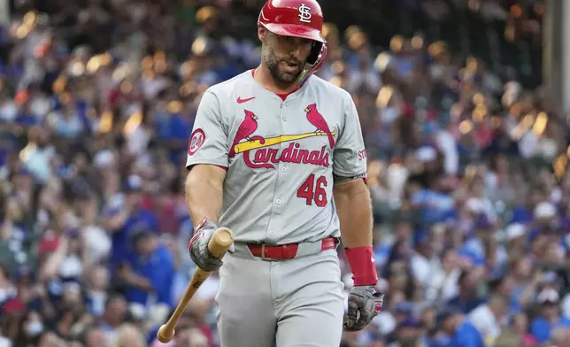 St. Louis Cardinals' Paul Goldschmidt reacts after striking out swinging during the first inning of a baseball game against the Chicago Cubs in Chicago, Sunday, Aug. 4, 2024. (AP Photo/Nam Y. Huh)