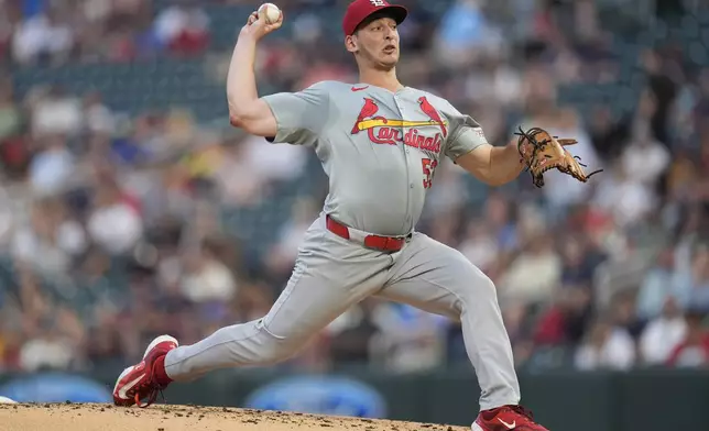 St. Louis Cardinals starting pitcher Andre Pallante delivers during the second inning of a baseball game against the Minnesota Twins, Friday, Aug. 23, 2024, in Minneapolis. (AP Photo/Abbie Parr)