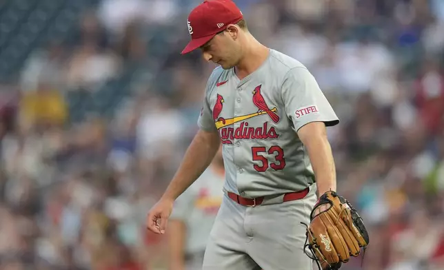 St. Louis Cardinals starting pitcher Andre Pallante stands on the mound after loading the bases during the second inning of a baseball game against the Minnesota Twins, Friday, Aug. 23, 2024, in Minneapolis. (AP Photo/Abbie Parr)