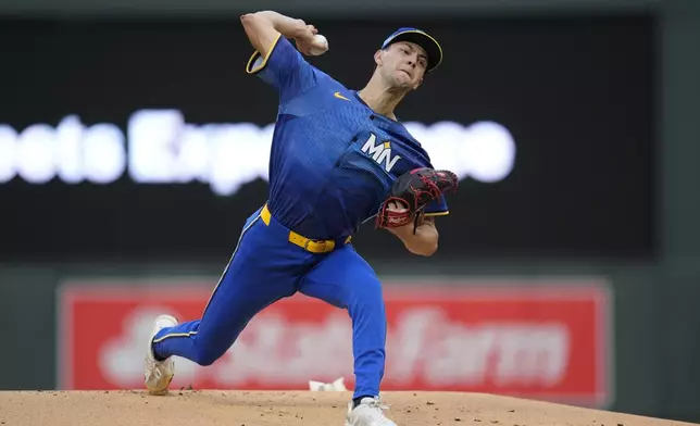 Minnesota Twins starting pitcher David Festa delivers during the first inning of a baseball game against the St. Louis Cardinals, Friday, Aug. 23, 2024, in Minneapolis. (AP Photo/Abbie Parr)