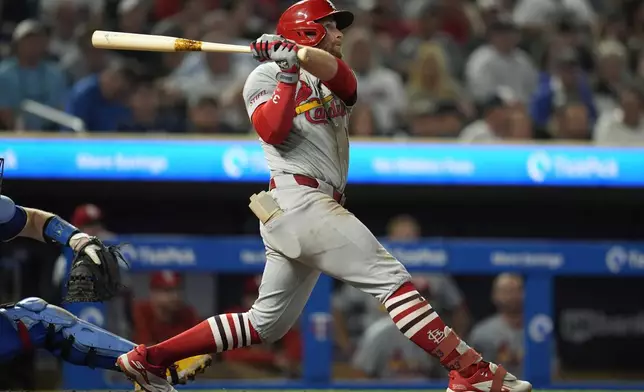 St. Louis Cardinals' Brendan Donovan watches his solo home run during the sixth inning of a baseball game against the Minnesota Twins, Friday, Aug. 23, 2024, in Minneapolis. (AP Photo/Abbie Parr)