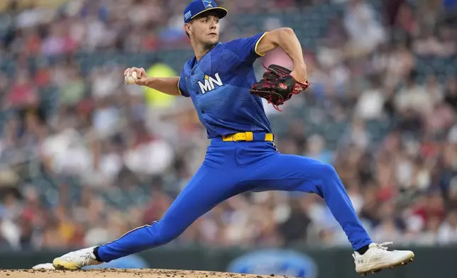 Minnesota Twins starting pitcher David Festa delivers during the second inning of a baseball game against the St. Louis Cardinals, Friday, Aug. 23, 2024, in Minneapolis. (AP Photo/Abbie Parr)