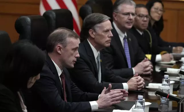 White House national security adviser Jake Sullivan, second from left speaks near U.S. Ambassador to China Nicholas Burns, third from left, during a meeting with Zhang Youxia, Vice Chairman of the CPC Central Military Commission, unseen, at the Bayi building in Beijing, Thursday, Aug. 29, 2024. (AP Photo/Ng Han Guan, Pool)