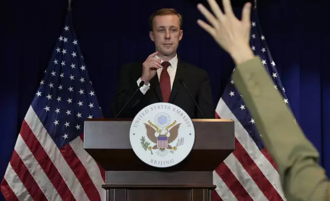 White House national security adviser Jake Sullivan speaks during a press conference at the end of his visit at the U.S. embassy in Beijing, Thursday, Aug. 29, 2024. (AP Photo/Ng Han Guan)