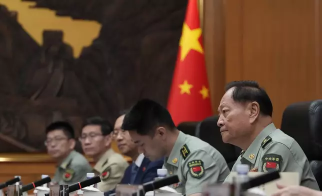 Zhang Youxia, Vice Chairman of the CPC Central Military Commission, right, attends a meeting with White House national security adviser Jake Sullivan, unseen. during a meeting at the Bayi building in Beijing, Thursday, Aug. 29, 2024. (AP Photo/Ng Han Guan, Pool)