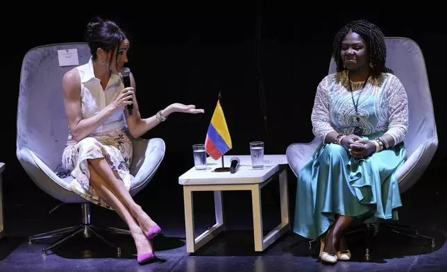 Meghan Markle, Prince Harry's wife, speaks during a forum on Afro women and power alongside Colombian Vice President Francia Marquez in Cali, Colombia, Sunday, Aug. 18, 2024. (AP Photo/Ivan Valencia)