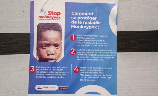 A poster bringing attention to the mpox outbreak hangs at the Goma General Hospital, Democratic Republic of the Congo, Tuesday, July 16, 2024. (AP Photo/Moses Sawasawa)