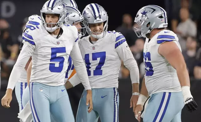 Dallas Cowboys kicker Brandon Aubrey (17) reacts after kicking a 66-yard field goal against the Las Vegas Raiders during the first half of an NFL preseason football game, Saturday, Aug. 17, 2024, in Las Vegas. (AP Photo/Steve Marcus)