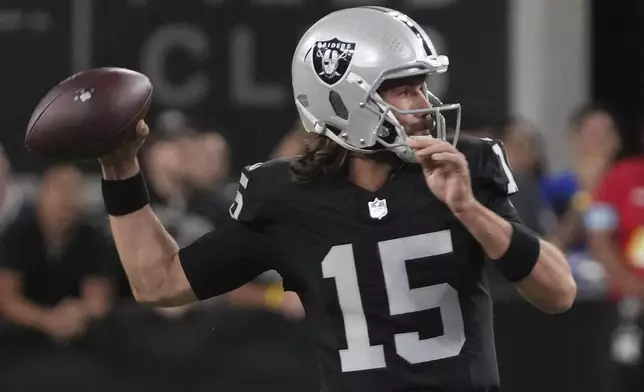 Las Vegas Raiders quarterback Gardner Minshew (15) throws against the Dallas Cowboys during the first half of an NFL preseason football game, Saturday, Aug. 17, 2024, in Las Vegas. (AP Photo/Rick Scuteri)