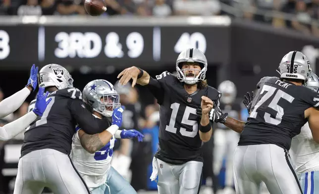 Las Vegas Raiders quarterback Gardner Minshew (15) throws against the Dallas Cowboys during the first half of an NFL preseason football game, Saturday, Aug. 17, 2024, in Las Vegas. (AP Photo/Steve Marcus)