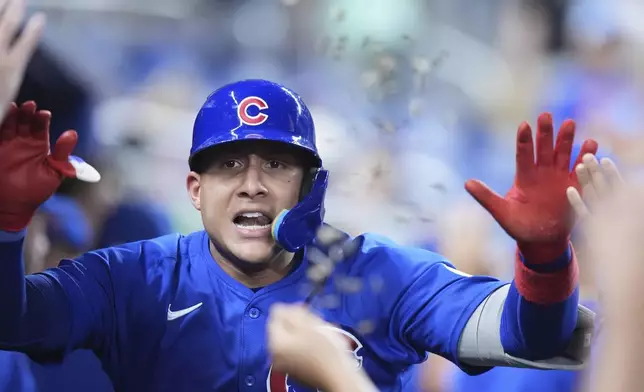 Chicago Cubs' Miguel Amaya is congratulated by teammates after he hit a home run scoring Pete Crow-Armstrong during the ninth inning of a baseball game against the Miami Marlins, Friday, Aug. 23, 2024, in Miami. (AP Photo/Wilfredo Lee)