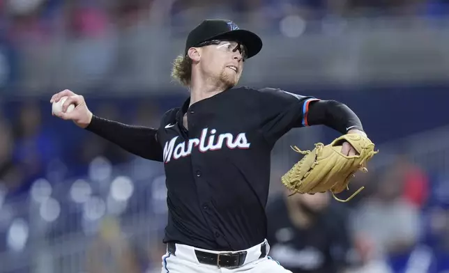 Miami Marlins' Max Meyer delivers a pitch during the first inning of a baseball game against the Chicago Cubs, Friday, Aug. 23, 2024, in Miami. (AP Photo/Wilfredo Lee)