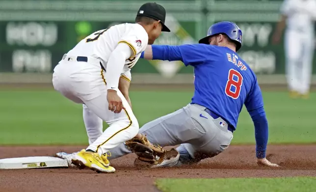 Chicago Cubs' Ian Happ, right, steals second ahead of the tag by Pittsburgh Pirates second baseman Nick Gonzales, left, during the first inning of a baseball game Monday, Aug. 26, 2024, in Pittsburgh. (AP Photo/Matt Freed)