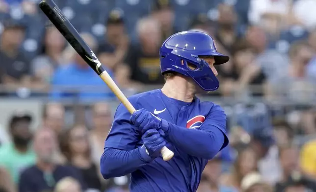 Chicago Cubs' Pete Crow-Armstrong hits an RBI single during the second inning of a baseball game against the Pittsburgh Pirates, Monday, Aug. 26, 2024, in Pittsburgh. (AP Photo/Matt Freed)