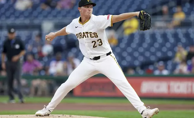 Pittsburgh Pirates starting pitcher Mitch Keller delivers during the first inning of a baseball game against the Chicago Cubs, Monday, Aug. 26, 2024, in Pittsburgh. (AP Photo/Matt Freed)