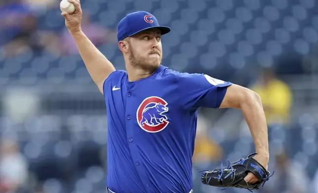 Chicago Cubs starting pitcher Jameson Taillon delivers during the first inning of a baseball game against the Pittsburgh Pirates, Monday, Aug. 26, 2024, in Pittsburgh. (AP Photo/Matt Freed)