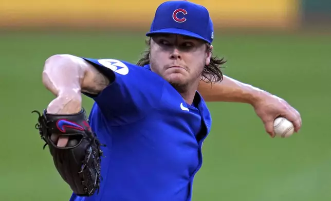 Chicago Cubs starting pitcher Justin Steele delivers during the first inning of a baseball game against the Pittsburgh Pirates in Pittsburgh, Tuesday, Aug. 27, 2024. (AP Photo/Gene J. Puskar)