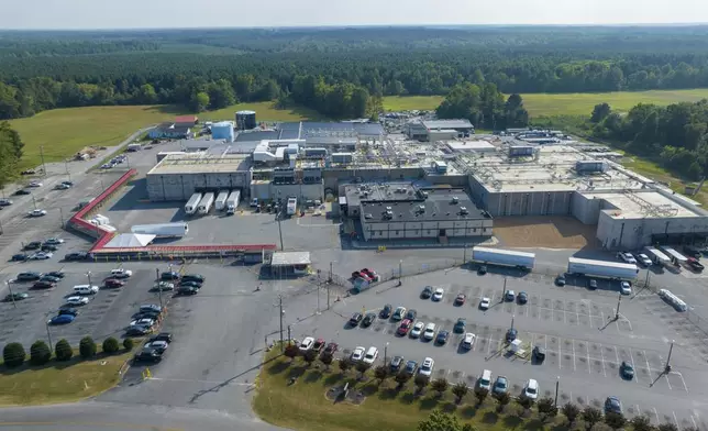 An aerial view of the Boar's Head processing plant that was tied to a deadly food poisoning outbreak Thursday Aug. 29, 2024, in Jarratt, Va. (AP Photo/Steve Helber)