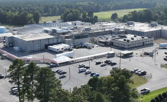 An aerial view of the Boar's Head processing plant that was tied to a deadly food poisoning outbreak Thursday Aug. 29, 2024, in Jarratt, Va. (AP Photo/Steve Helber)