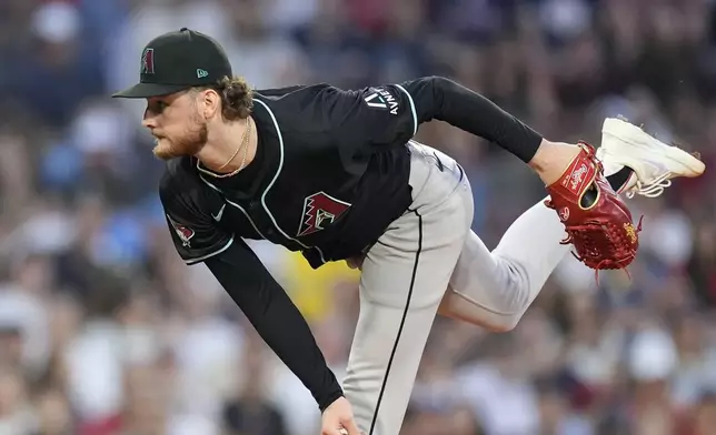 Arizona Diamondbacks starting pitcher Ryne Nelson throws during the first inning of a baseball game against the Boston Red Sox, Friday, Aug. 23, 2024, in Boston. (AP Photo/Michael Dwyer)