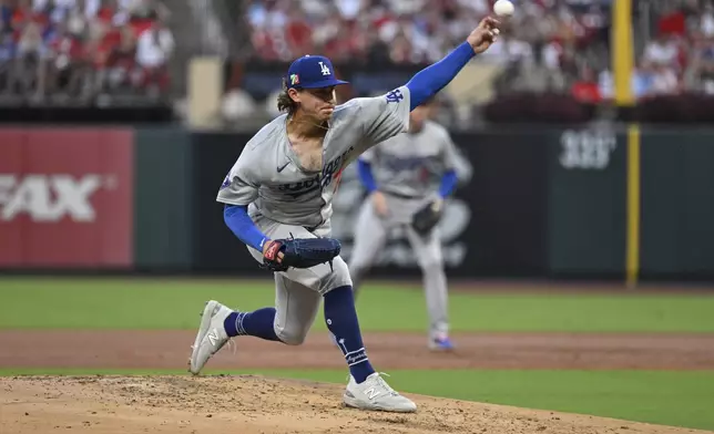 Los Angeles Dodgers starting pitcher Justin Wrobleski (70) throws against the St. Louis Cardinals during the first inning of a baseball game Friday, Aug. 16, 2024, in St. Louis. (AP Photo/Jeff Le)