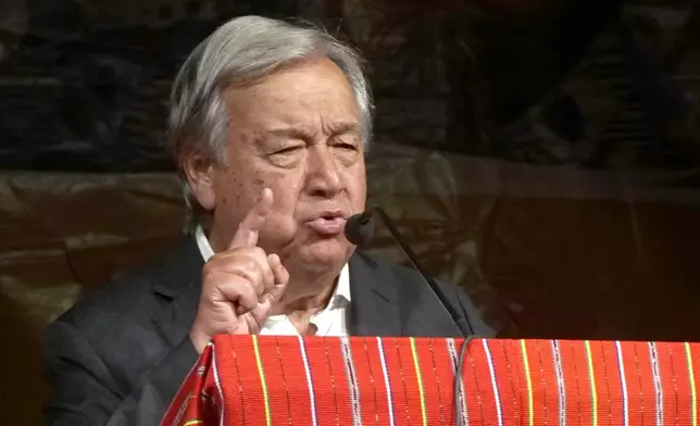 United Nations Secretary-General Antonio Guterres delivers a speech during the commemoration of the 25th year anniversary of East Timor's referendum for independence in Dili, East Timor, Friday, Aug. 30, 2024. (AP Photo/Carlos Caro Junior)