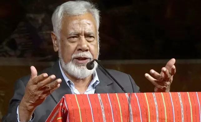 East Timor's Prime Minister and former independence fighter Xanana Gusmao gestures as he delivers his speech during the commemoration of the 25th year anniversary of the country's referendum for independence, in Dili, East Timor, Friday, Aug. 30, 2024. (AP Photo/Carlos Caro Junior)