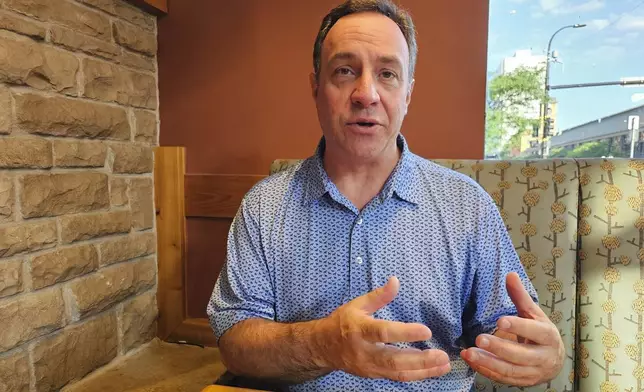 FILE - Republican Senate candidate Joe Fraser speaks during an interview with The Associated Press in Minneapolis, July 19, 2024. (AP Photo/Steve Karnowski)