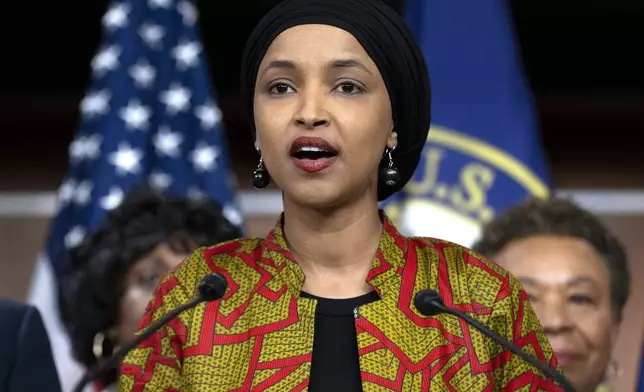 FILE - Rep. Ilhan Omar, D-Minn., speaks during a news conference, May 24, 2023, on Capitol Hill in Washington. (AP Photo/Jacquelyn Martin, File)