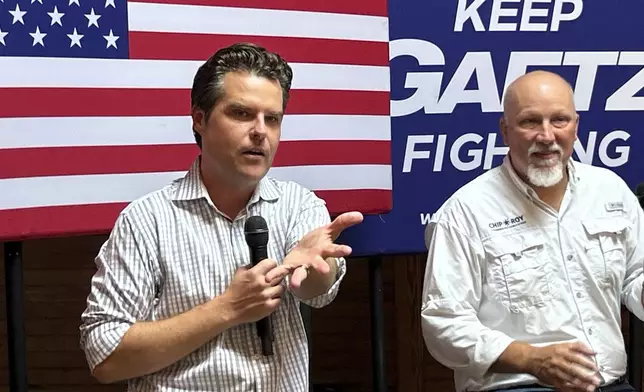 U.S. Rep. Matt Gaetz, R-Fla., left, is joined by Republican U.S. Rep. Chip Roy, R-Texas, at a campaign event on Sunday, Aug. 11, 2024, in Pensacola, Fla. (AP Photo/Brendan Farrington)