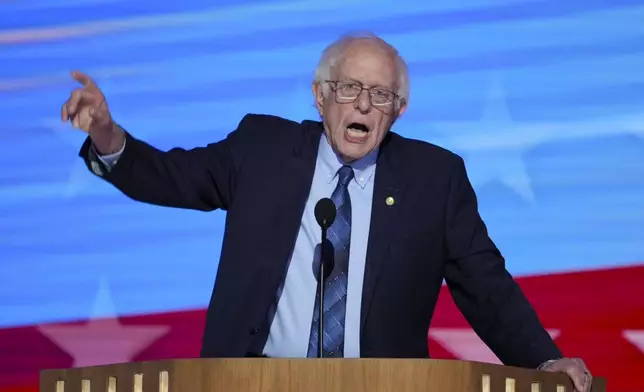 Sen. Bernie Sanders, I-VT., speaking during the Democratic National Convention Tuesday, Aug. 20, 2024, in Chicago. (AP Photo/J. Scott Applewhite)