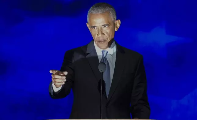 Former President Barack Obama speaking at the Democratic National Convention Tuesday, Aug. 20, 2024, in Chicago. (AP Photo/J. Scott Applewhite)