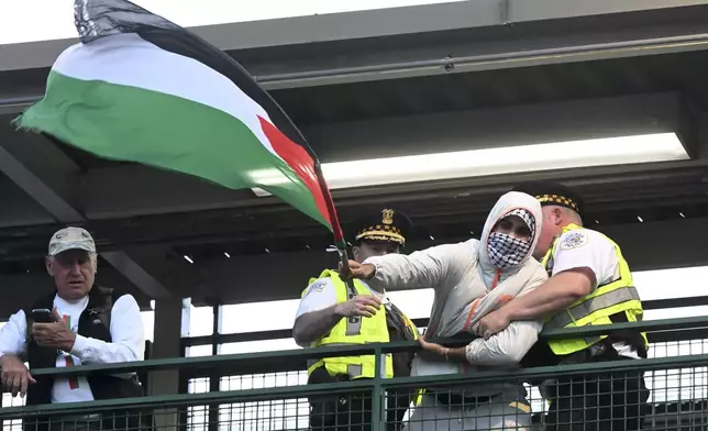 Law enforcement members remove a protester from a train station during a demonstration outside the Democratic National Convention Wednesday, Aug. 21, 2024, in Chicago. (AP Photo/Noah Berger)