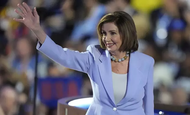 Rep. Nancy Pelosi, D-CA, speaks during the Democratic National Convention Wednesday, Aug. 21, 2024, in Chicago. (AP Photo/Charles Rex Arbogast)