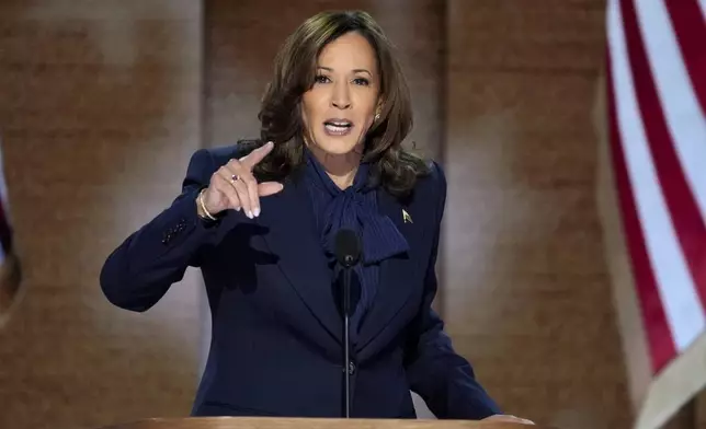 Democratic presidential nominee Vice President Kamala Harris speaks during the Democratic National Convention Thursday, Aug. 22, 2024, in Chicago. (AP Photo/J. Scott Applewhite)