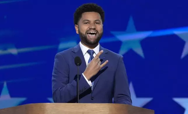 Rep. Maxwell Frost, D-Fla., speaks during the Democratic National Convention Thursday, Aug. 22, 2024, in Chicago. (AP Photo/J. Scott Applewhite)