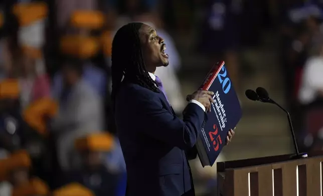 Pennsylvania state Rep. Malcolm Kenyatta Speaks during the Democratic National Convention Tuesday, Aug. 20, 2024, in Chicago. (AP Photo/Paul Sancya)