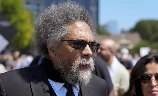 Progressive activist Cornel West watches a demonstration prior to a march to the Democratic National Convention Monday, Aug. 19, 2024, in Chicago. (AP Photo/Alex Brandon)