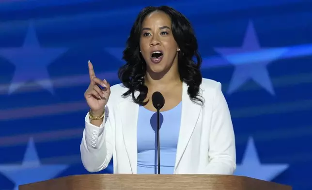 Courtney Baldwin, youth organizer and human trafficking survivor, speaks during the Democratic National Convention Thursday, Aug. 22, 2024, in Chicago. (AP Photo/J. Scott Applewhite)