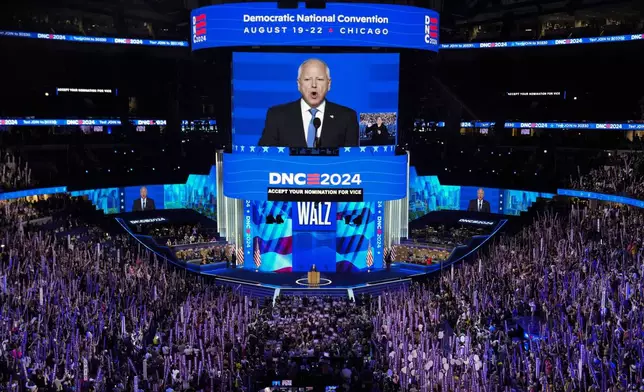 Democratic vice presidential nominee Minnesota Gov. Tim Walz speaks during the Democratic National Convention Wednesday, Aug. 21, 2024, in Chicago. (AP Photo/J. Scott Applewhite)