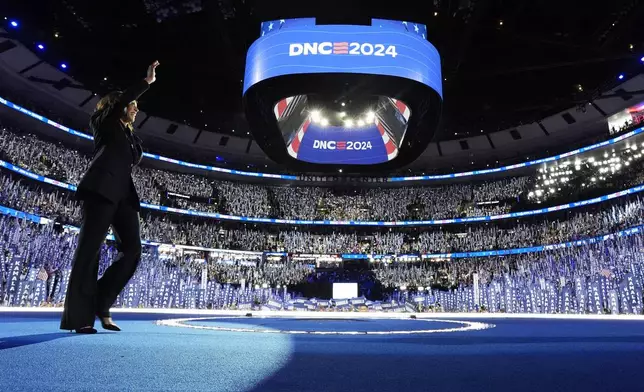 Democratic presidential nominee Vice President Kamala Harris arrives to speak on the final night of the Democratic National Convention in Chicago, Thursday, Aug. 22, 2024. (Kent Nishimura/The New York Times via AP, Pool)