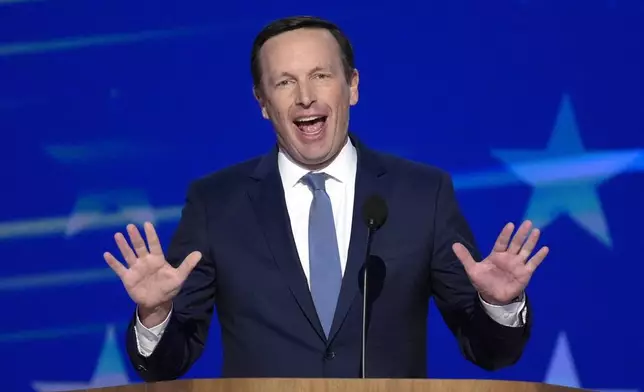 Sen. Chris Murphy, D-Conn., speaks during the Democratic National Convention, Wednesday, Aug. 21, 2024, in Chicago. (AP Photo/J. Scott Applewhite)