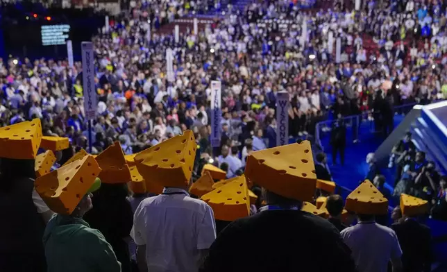 Members of the Wisconsin delegation watch during the Democratic National Convention Tuesday, Aug. 20, 2024, in Chicago. (AP Photo/Charles Rex Arbogast)