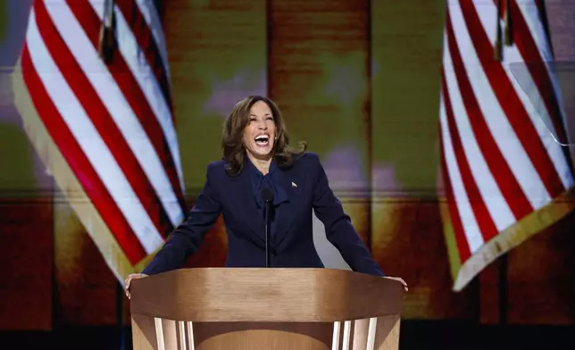 Democratic presidential nominee Vice President Kamala Harris speaks during the Democratic National Convention Thursday, Aug. 22, 2024, in Chicago. (Gabrielle Lurie/San Francisco Chronicle via AP)