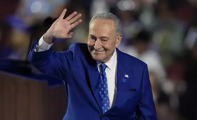 Sen. Chuck Schumer, D-NY., speaks during the Democratic National Convention Tuesday, Aug. 20, 2024, in Chicago. (AP Photo/Charles Rex Arbogast)